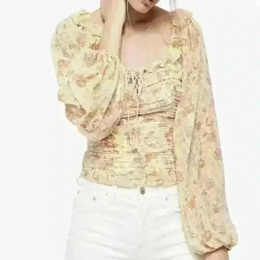 Free People Mabel Boho Balloon Long Sleeve Blouse Top Floral Sheer Orange